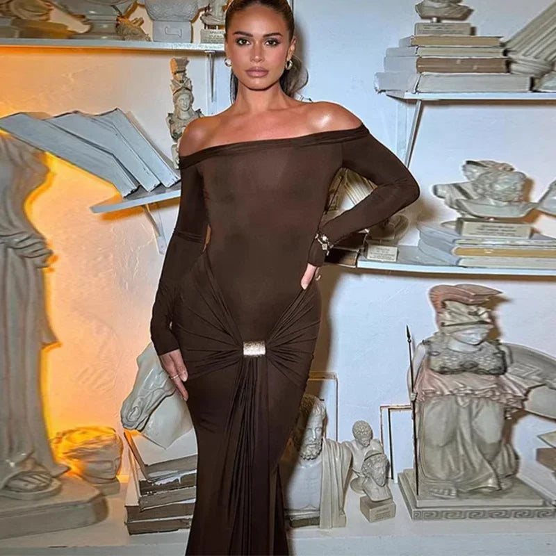 Off The Shoulder Pleated Full Sleeve Dress