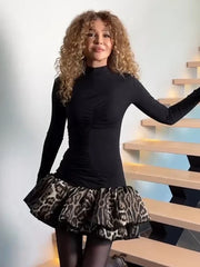 Turtleneck Patchwork Print Polka Dot Mini Dress