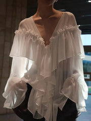 See Through Solid Long Sleeved Ruffles Tops
