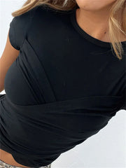 Black Pleated Bandage Cropped T-Shirt Y2K Streetwear