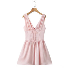 Stain Pleated Ruched Strap Bow Folds Hem Mini Dress