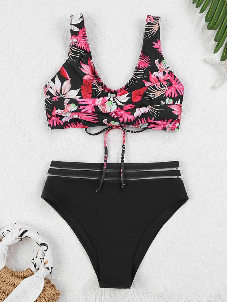 Drawstring Strap Tape Print Two Piece Set Red / S