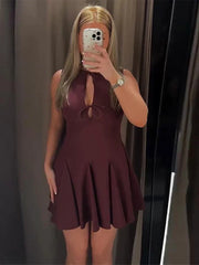 Hollow Out Bow Solid Sleeveless Pleated Dress