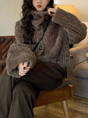 Cropped Faux Buttoned Fur Coat