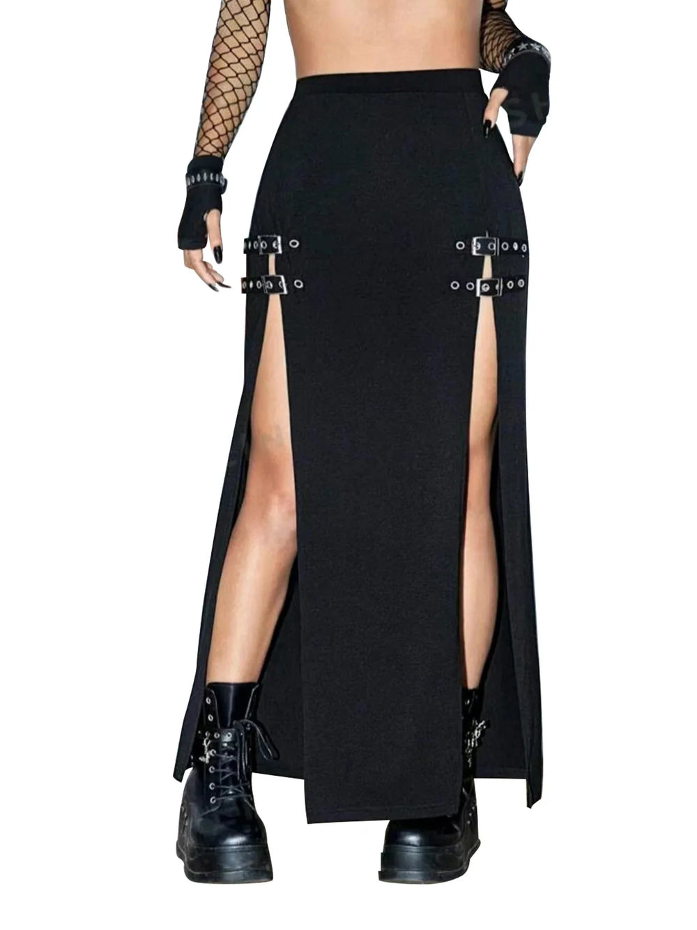 Elastic Waist Maxi Goth Skirt Black Buckle / S