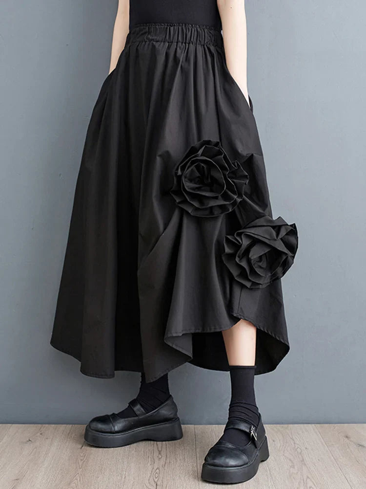 Vintage Floral Loose Midi Skirt Black / One Size