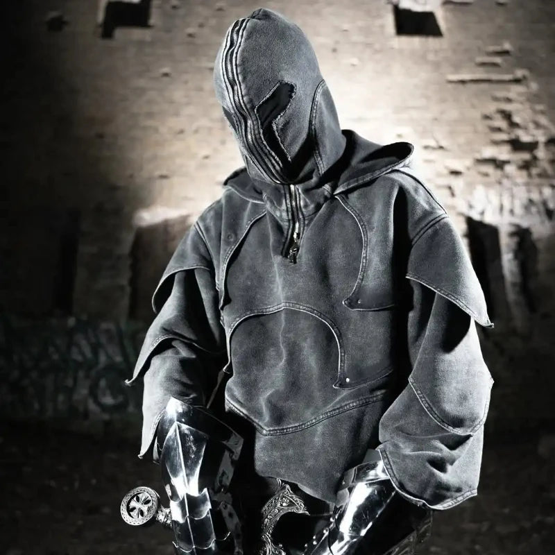Dark Denim Patchwork Pullover Hoodie gray1 / M