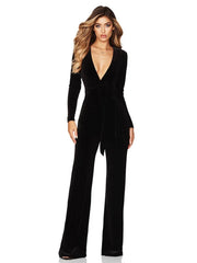 Velvet Elastic Deep V-belt Jumpsuit