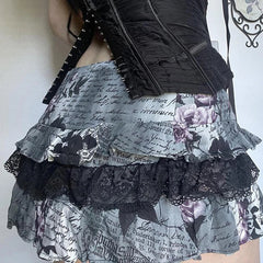 Letter Floral Print Ruffle Skirt