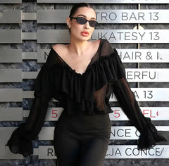See Through Solid Long Sleeved Ruffles Tops