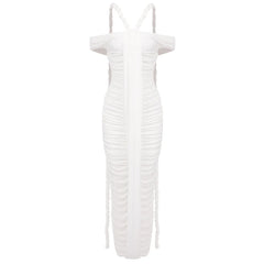 Slash Neck Pleated Braid Ribbon Long Dress