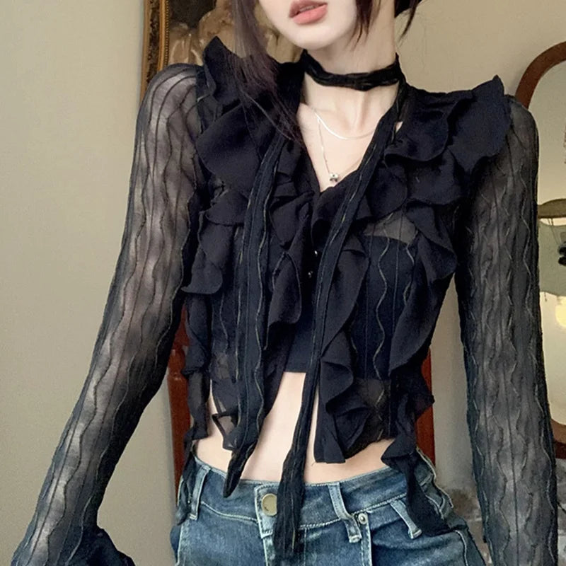Transparent V-neck Flared Sleeve Blouse black / One Size