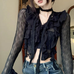 Transparent V-neck Flared Sleeve Blouse black / One Size