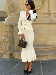 Ruffle Knitted Long Sleeve Mermaid Midi Dress