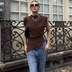 Sleeveless Cropped Top Pleated Round Neck Vest T-Shirt