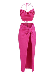 Swinging Collar Crop Tops Long Slit Skirts Suits