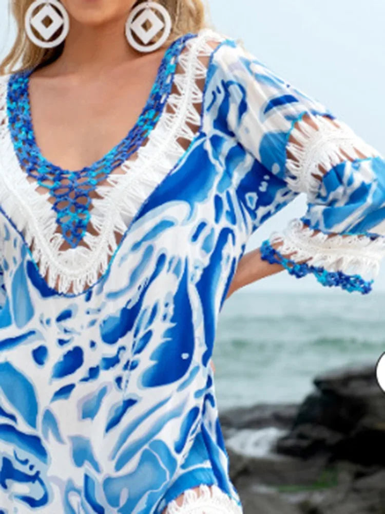 Spliced Tassel Bikini Cover Up Blue / One Size