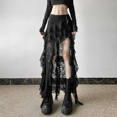Lace Ruffles Patchwork Mini Skirt Black / S