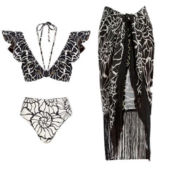 Conch Thread Print Sarong Two Piece Set black Swimsuit and skirt / S
