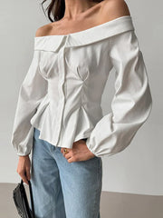 Off-Shoulder White Long Sleeved Blouse