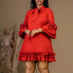 Women Solid Pleated Ruffles Hem High Neck Mini Dress