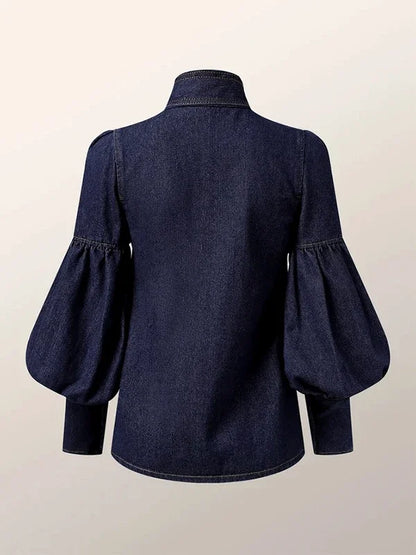 Denim Puff Sleeve High Neck Top