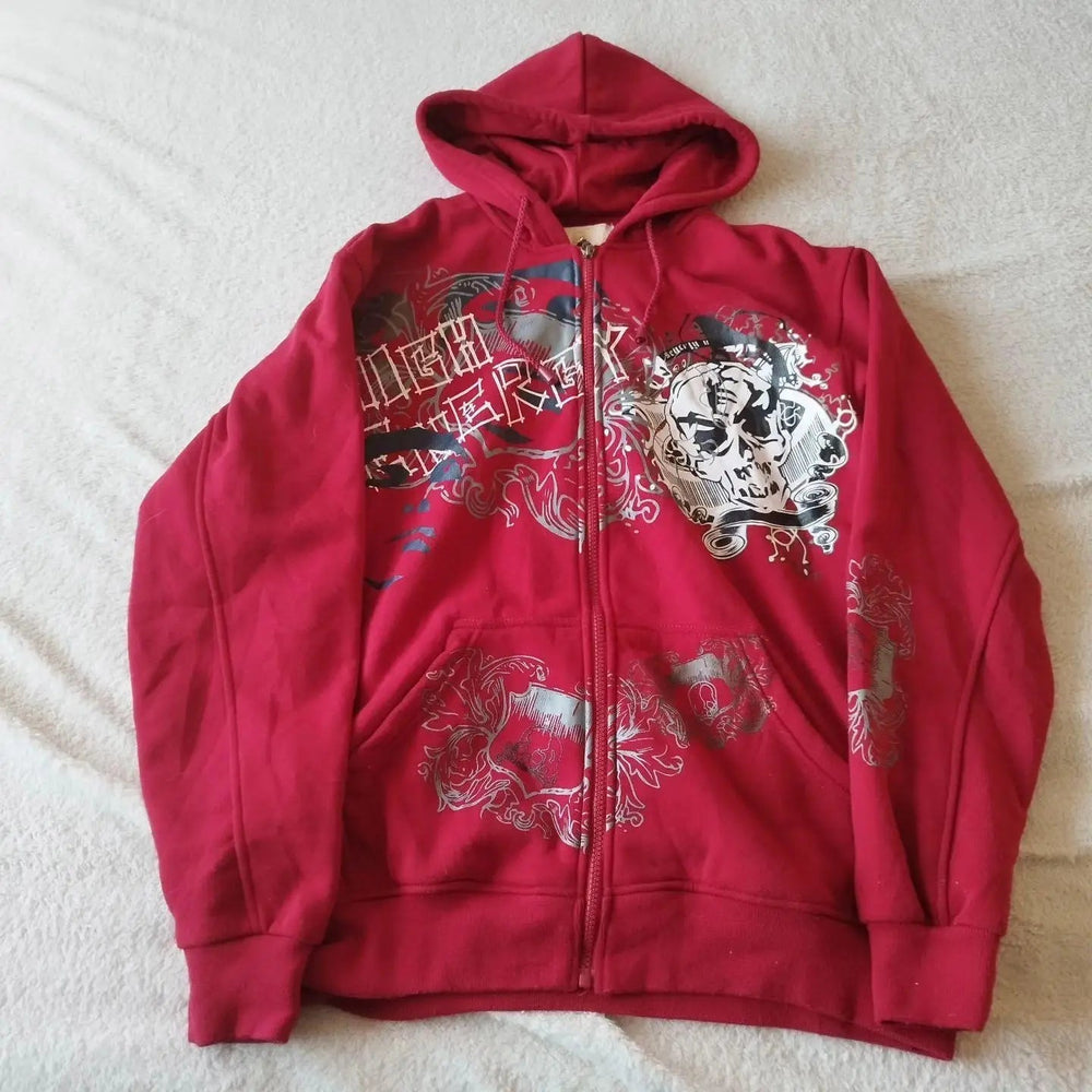 Dark Skull Print Zip Up Hoodie red / M
