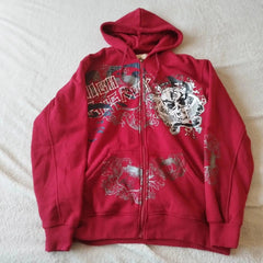 Dark Skull Print Zip Up Hoodie red / M