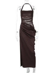 Mesh Patchwork Backless Halter Bodycon Gown