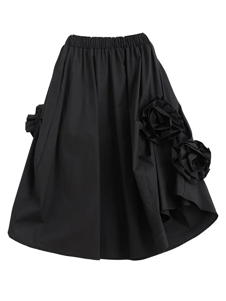 Vintage Floral Loose Midi Skirt Black / One Size