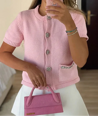 Women's Pink Short Sleeve Rhinestone Cardigan
