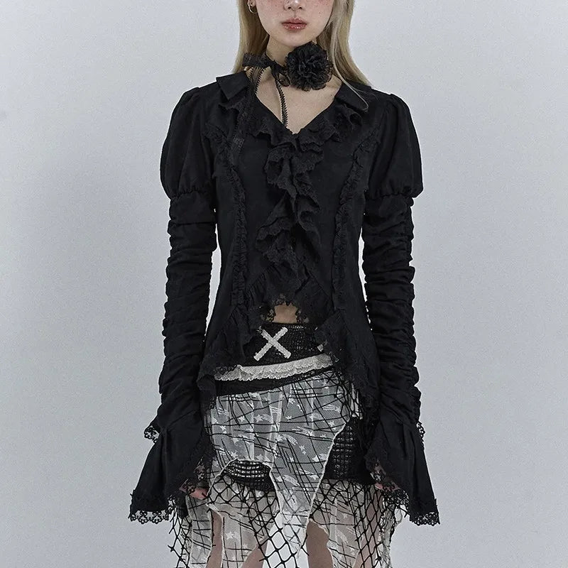 Dark Black Lace Flare Sleeve Shirt