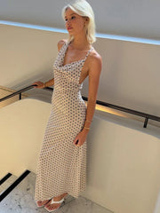Polka Dot Backless Spaghetti Strap Party Maxi Dress