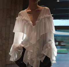 See Through Solid Long Sleeved Ruffles Tops