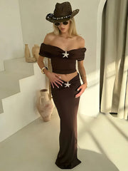 Off-shoulder Tops Thigh Split Long Skirt Two Pieces Sets