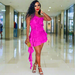 Ruffles Ribbons One Shoulder Top Mini Skirts Suits