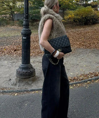 Faux Fur Lapel Sleeveless Vest Coat