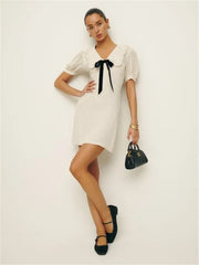 Short Puff Sleeve Bow Detail Dots Print Mini Dress