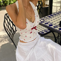 Floral Knit Halter White Crop Top