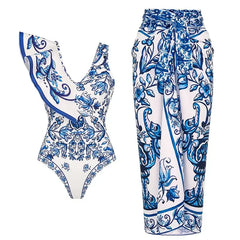 Ruffle V Neck Blue Print Two Piece Set blue set / S