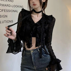 Transparent V-neck Flared Sleeve Blouse black / One Size