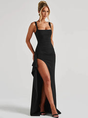Black Spaghetti Strap Thigh High Split Long Dress