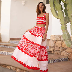 Red Wavy Stripes Skirt Two Piece Set red swimsuit and skirt / S
