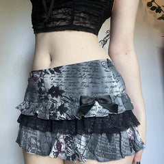 Letter Floral Print Ruffle Skirt