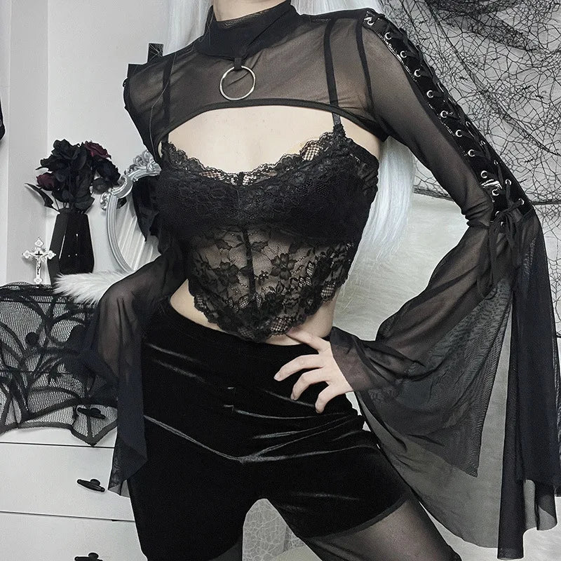 Dark Net Lace Up Flared Shirt