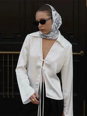 Satin Lace Up Long Sleeved Blouse