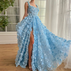 Lilac 3D Embroidered Flowers High Slit Evening Dress