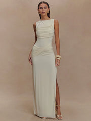 Backless Ruched O Neck Thigh High Split Long Dress