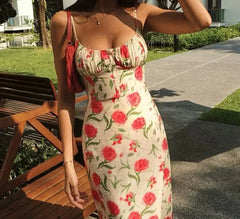 Large Flowers Elastic Buttons Midi Dress