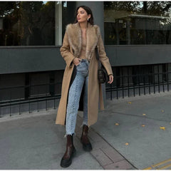 Wool Lace-Up Fur Lapel Thick Over Coat